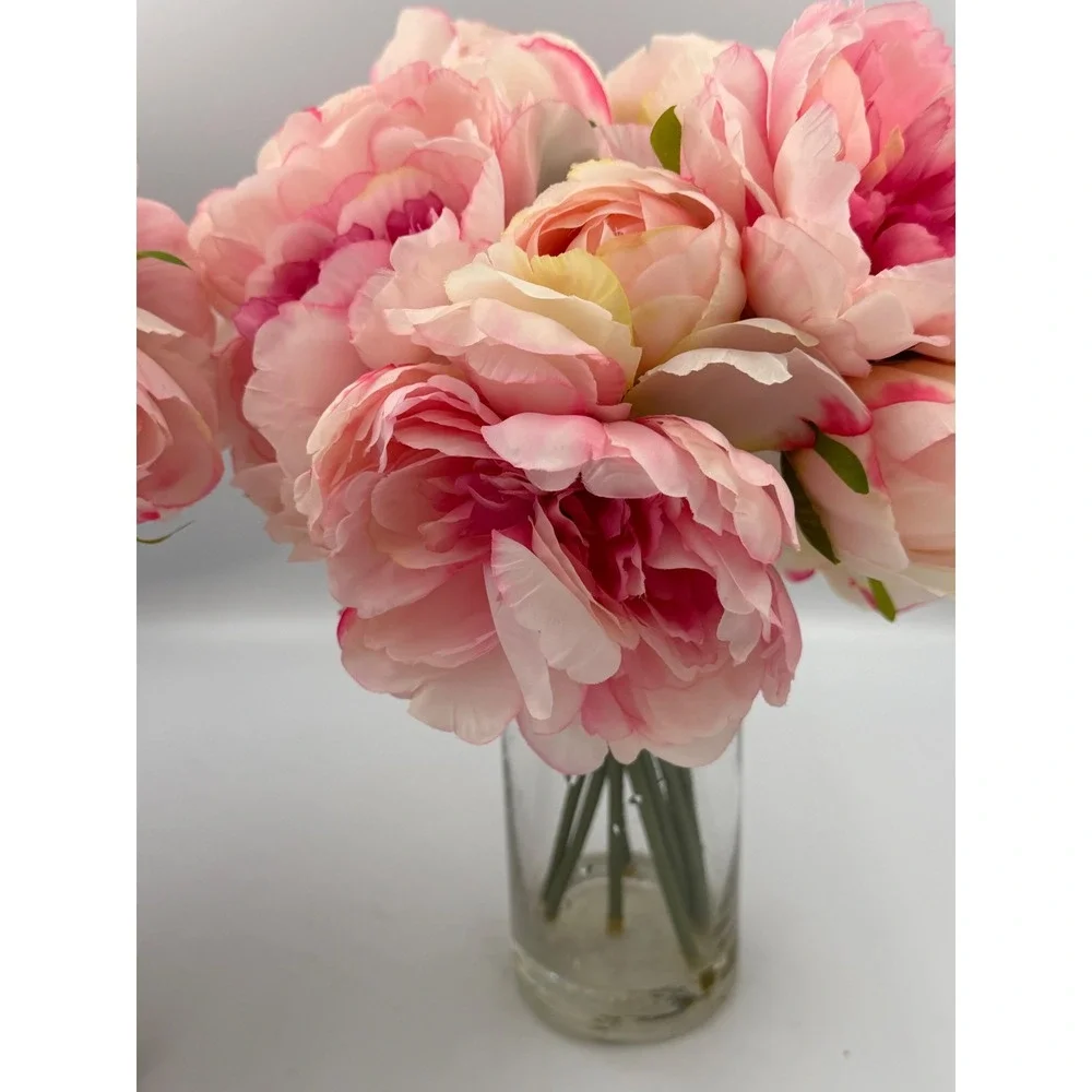 Set of 2 Faux Pink Peony Silk Flower Arrangements in Glass Vases with Faux Water
